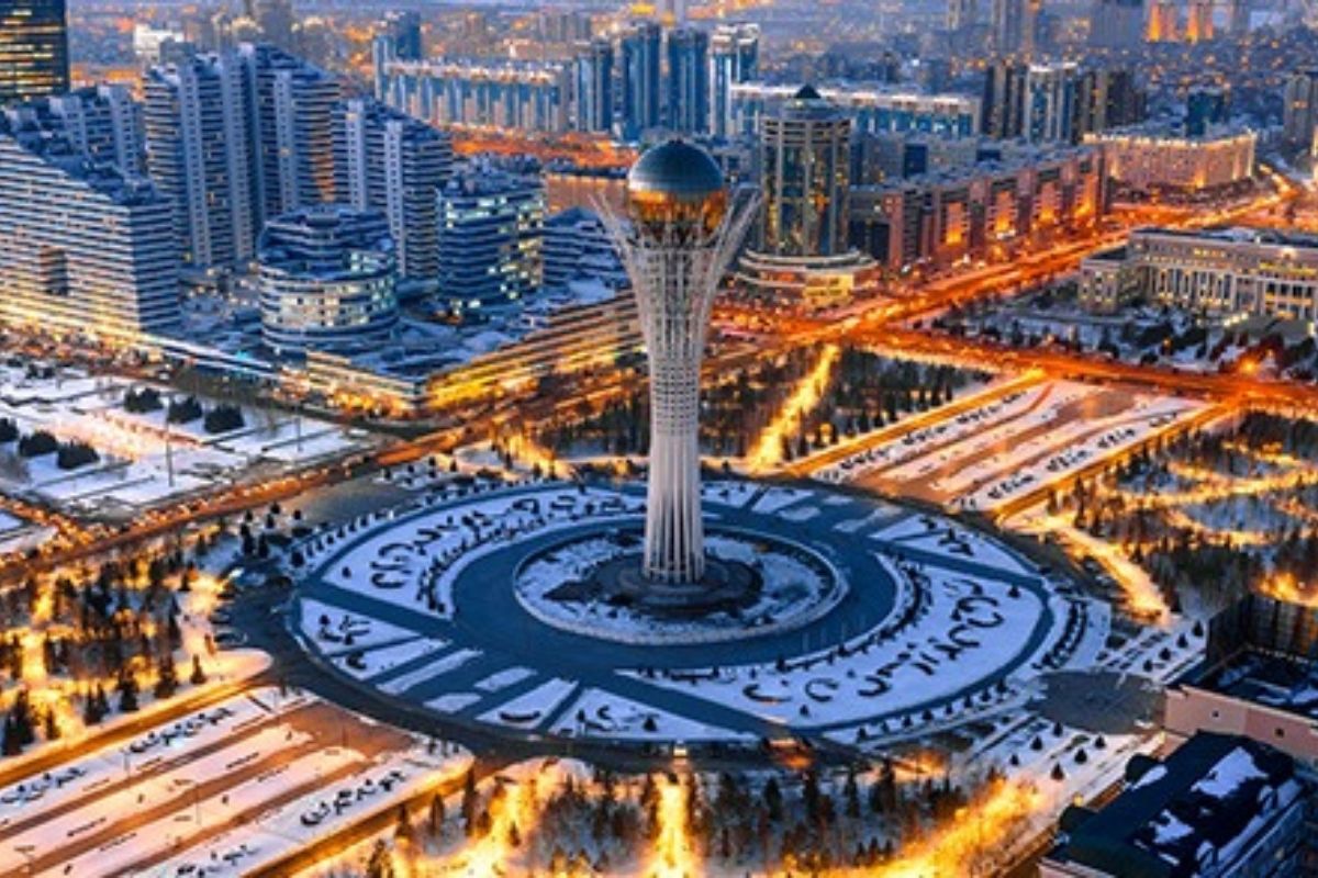 The Baiterek Tower, representing a Kazakh folktale about a bird that lays a golden egg in the branches of a poplar tree. representing a Kazakh folktale about a bird that lays a golden egg in the branches of a poplar tree.