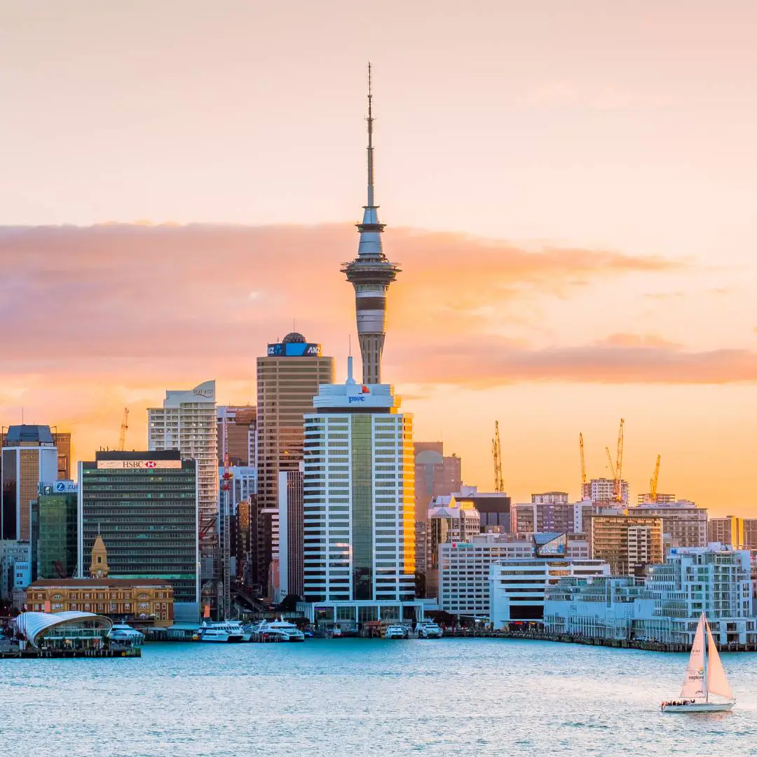 Beautiful landcape of the building in Auckland city at dawn. View from Cyril Bassett VC Lookout.