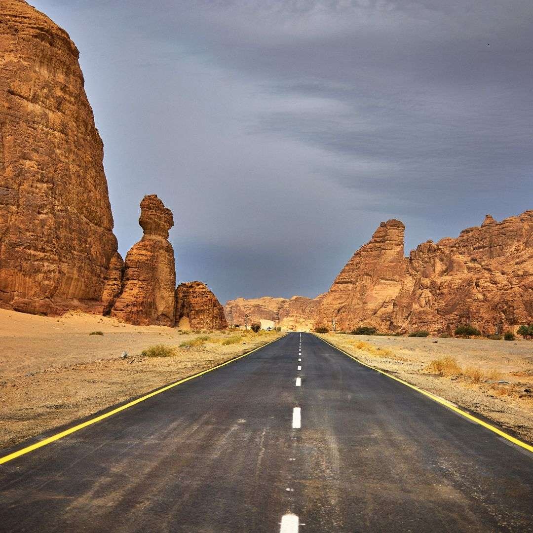 Empty highway through Al-Ula desert area, Saudi Arabia