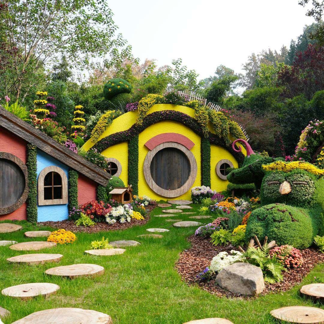 Enchanting Floral Hobbit Houses in Garden