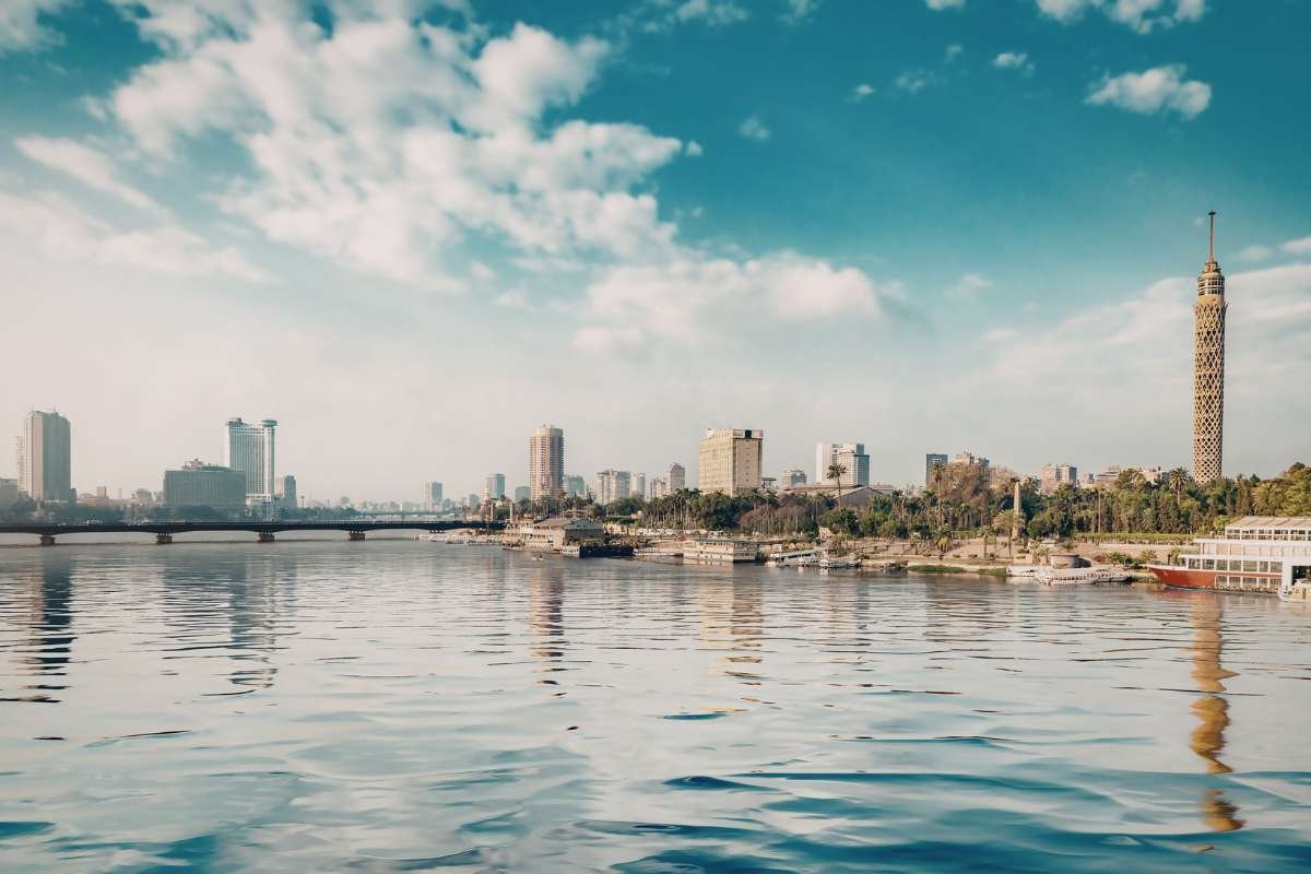 Cairo skyline over the nile river with Cairo tower