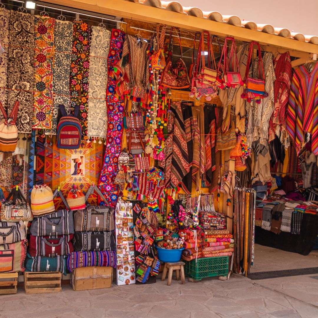 Souvenirs at the Pisac artisan market, Peru.