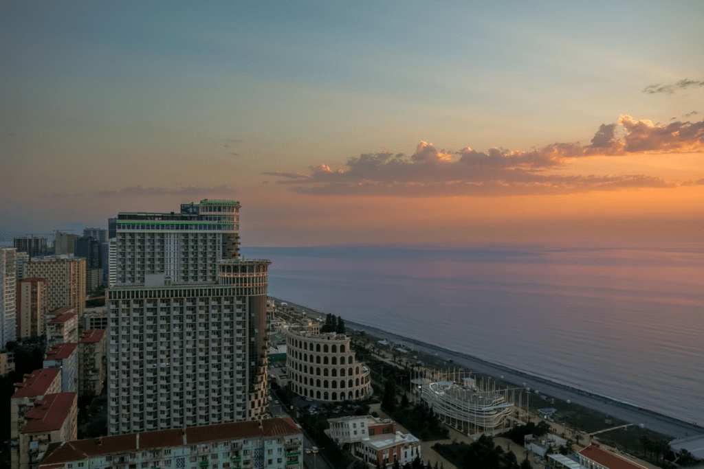 Batumi Georgia sunset skyline with seafront landmarks by the Black Sea