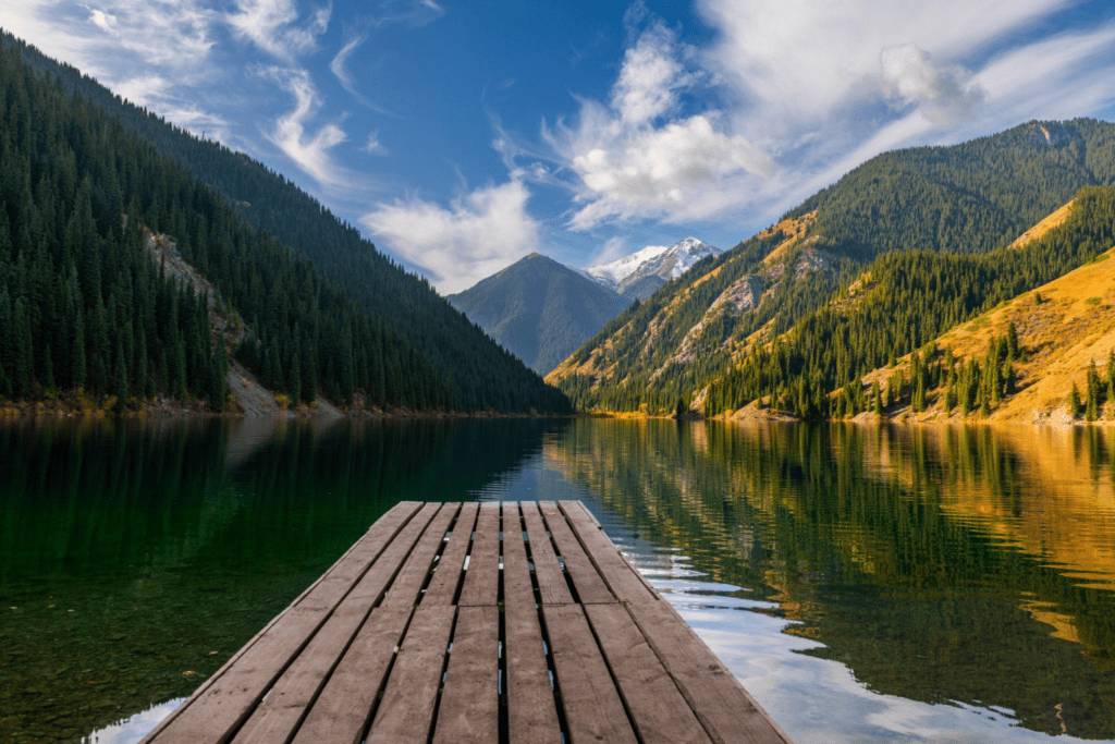 Picturesque autumn view of Lake Kolsai in the Almaty region of Kazakhstan