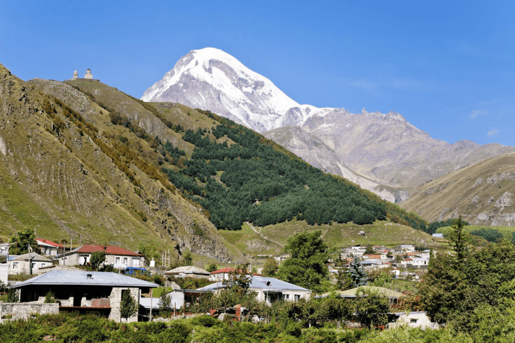 Town Kazbegi and Mount Kazbek in Georgia