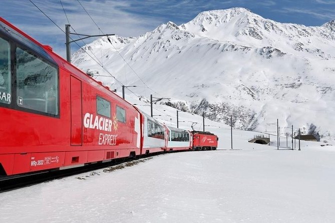 Glacier Express panoramic train in the Swiss Alps
